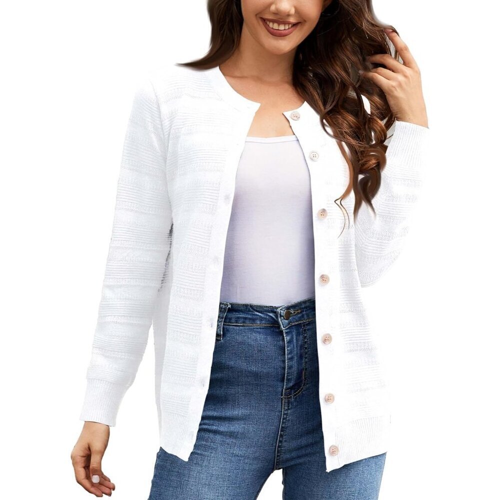 Women's Lightweight Button Down Cardigan Knit Sweater Long Sleeve Open Front
